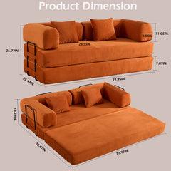 Convertible Sleeper Sofa Bed with Cylindrical Pillow, Corduroy Folding Mattress Couch with Fixed-Shape Frame, Floor Sofa Lounge Couch for Living Room Bedroom (Orange)