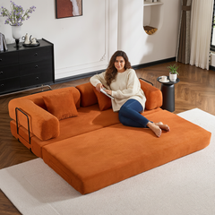 Convertible Sleeper Sofa Bed with Cylindrical Pillow, Corduroy Folding Mattress Couch with Fixed-Shape Frame, Floor Sofa Lounge Couch for Living Room Bedroom (Orange)