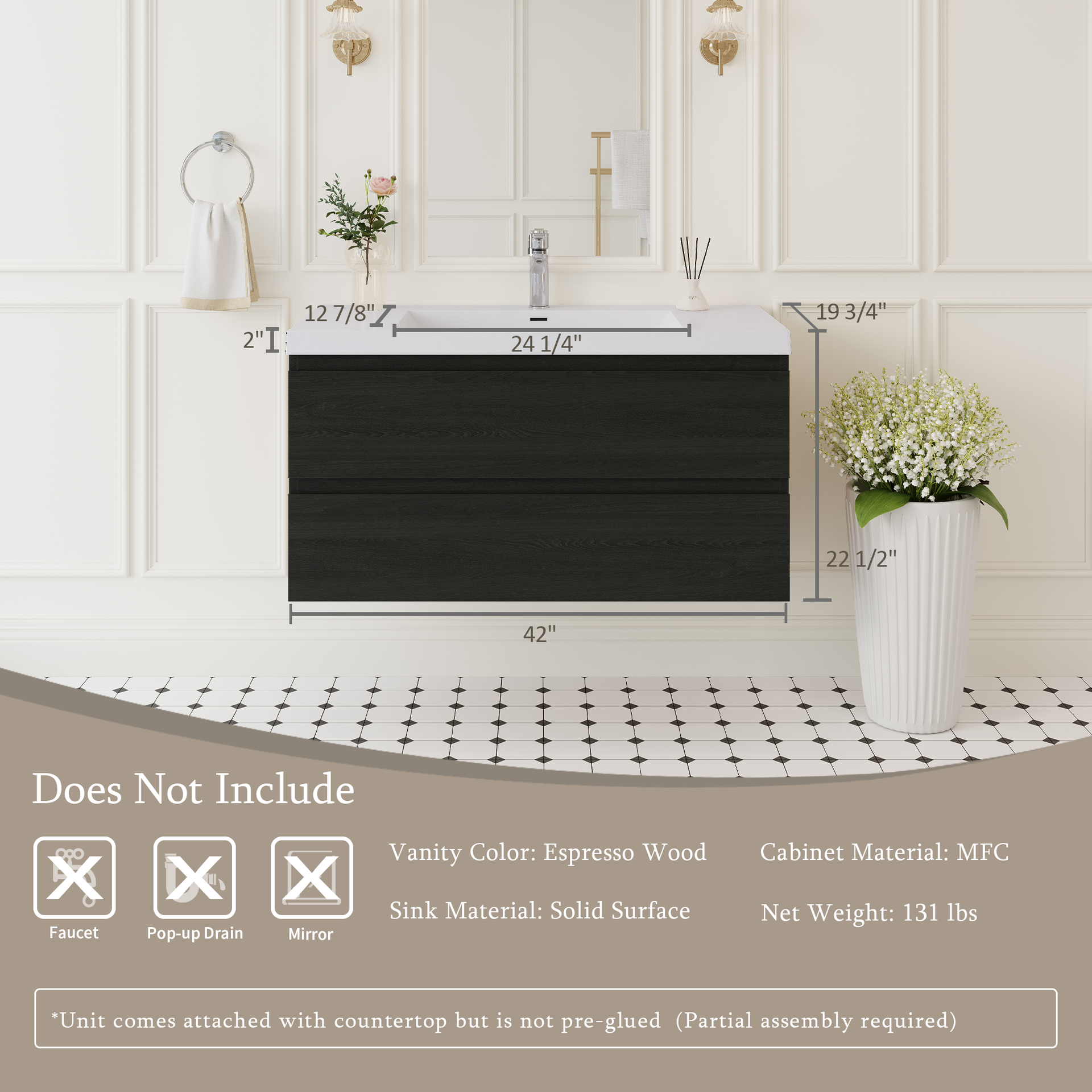 42" Floating Bathroom Vanity with Sink, Wall-Mounted Storage Cabinet with Solid Surface Top Basin and Soft Close Drawers Fully Assembled, Espresso Wood 24V11-42EW-W1920P411903