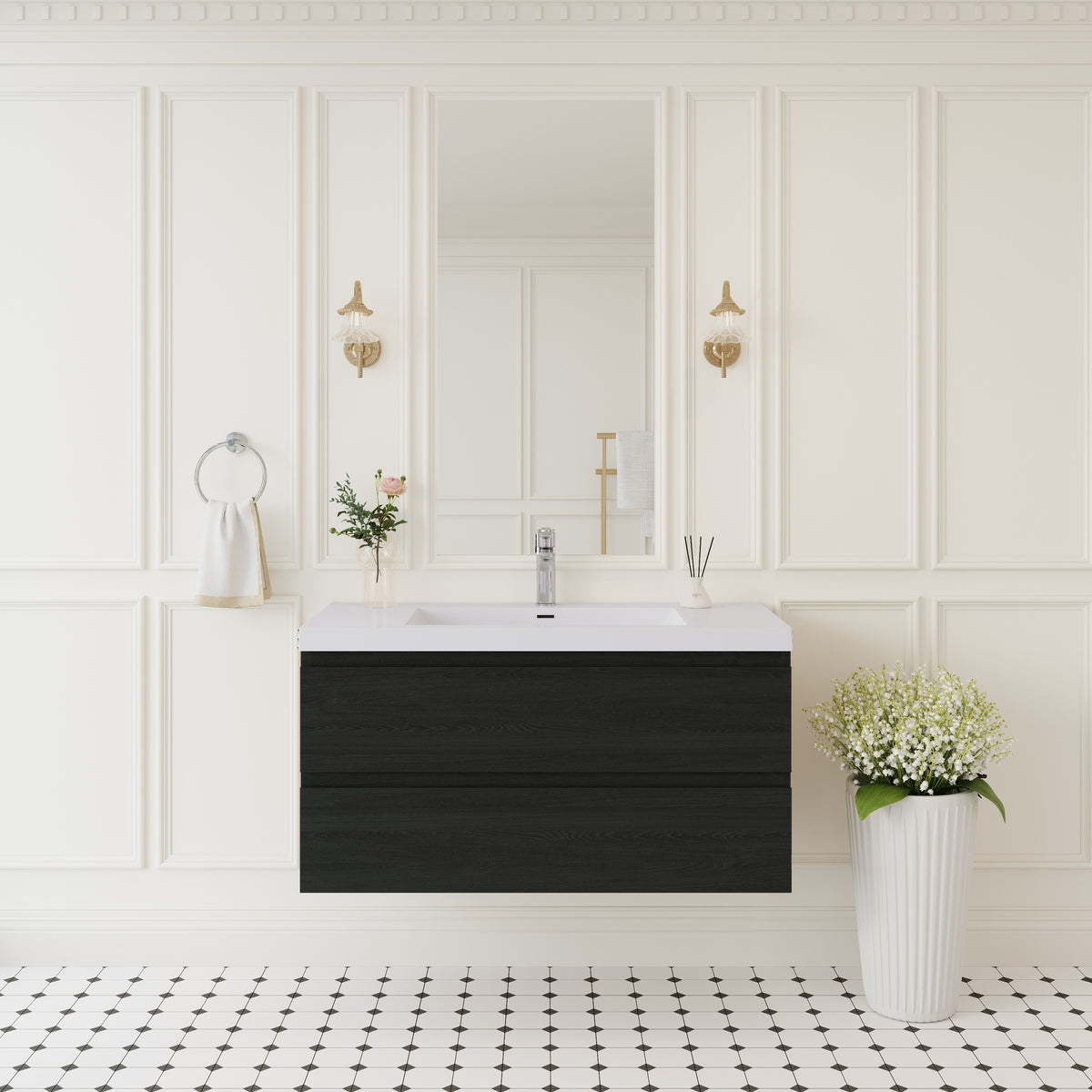 42" Floating Bathroom Vanity with Sink, Wall-Mounted Storage Cabinet with Solid Surface Top Basin and Soft Close Drawers Fully Assembled, Espresso Wood 24V11-42EW-W1920P411903