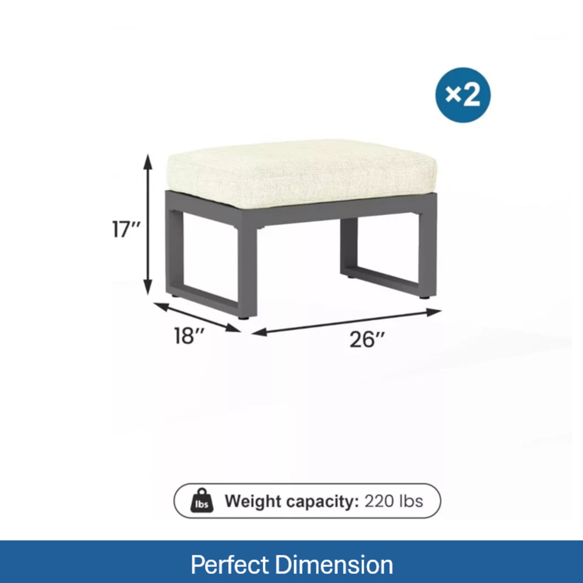 Set of 2 26" All-Weather Aluminum Patio Ottomans Footrests with Thick Beige Cushions with Black Frame