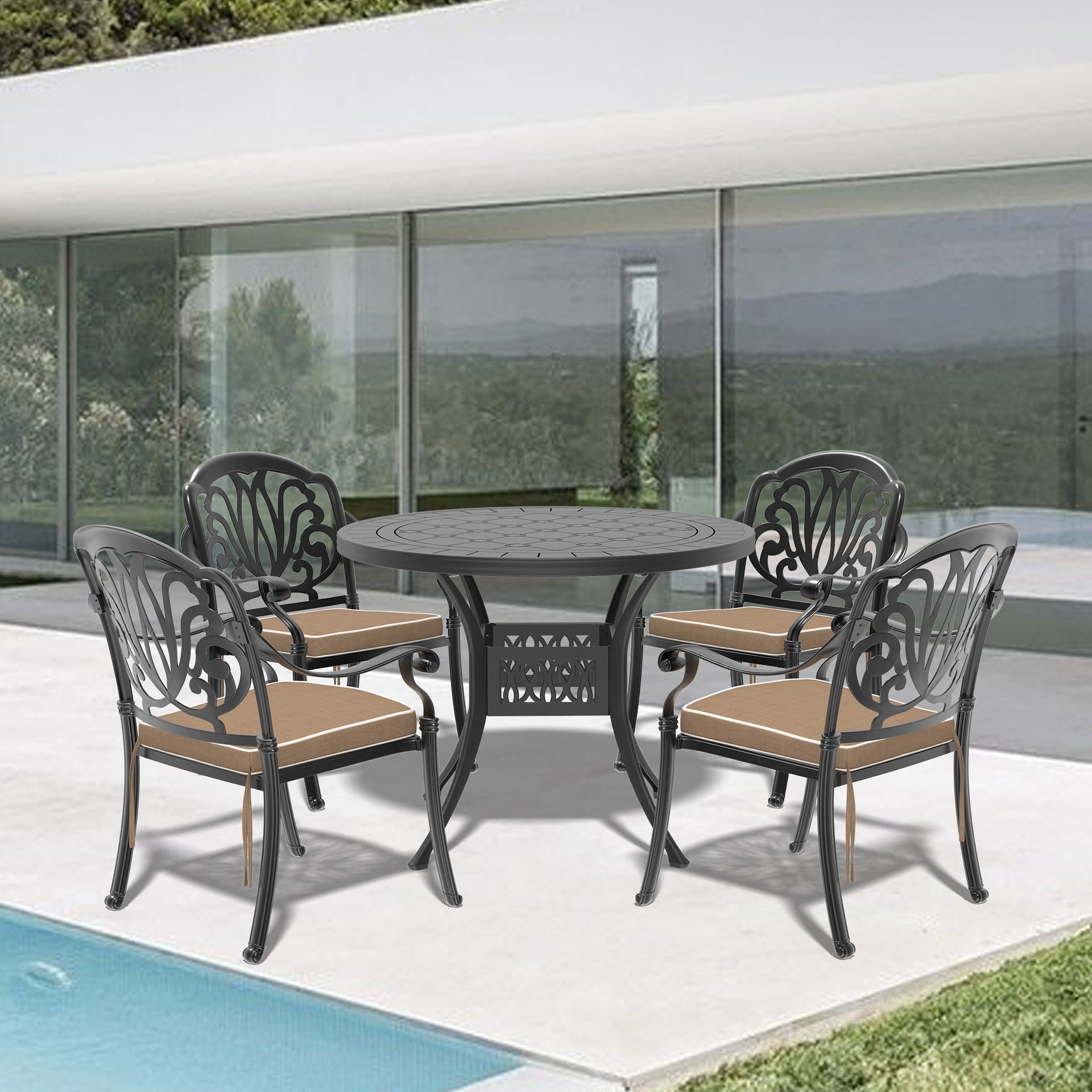 5-Piece Set Of Cast Aluminum Patio Furniture With Black Frame and Brown Seat Cushions(same sku: W1710S00068)