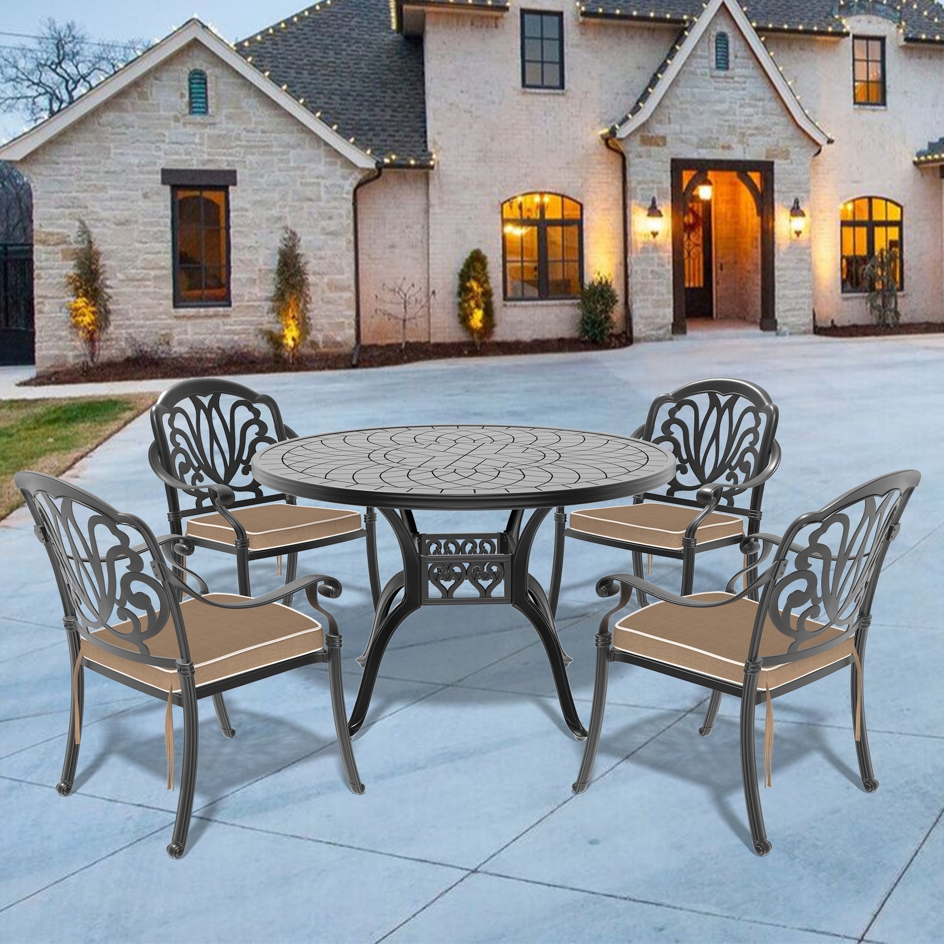 5-Piece Set Of Cast Aluminum Patio Furniture With Brown Cushions(same sku:W1710S00073)