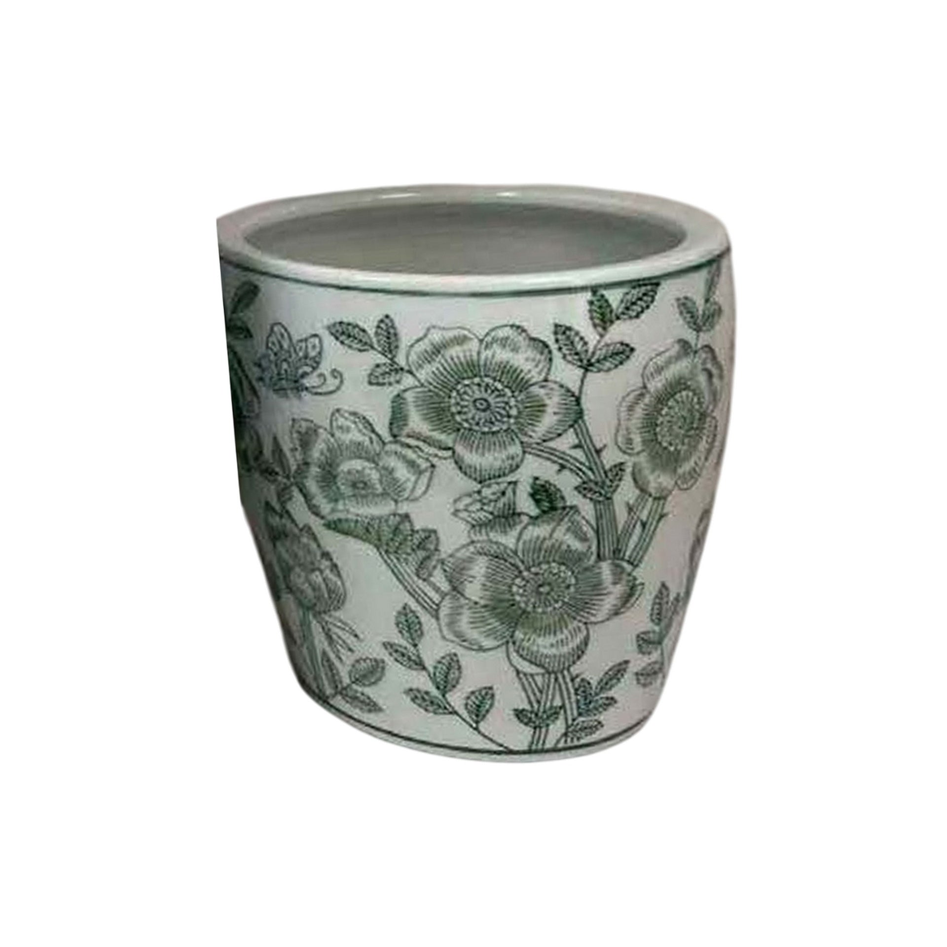 Kerry Accent Planter Pot Set of 4, Green Floral Pattern, White Ceramic