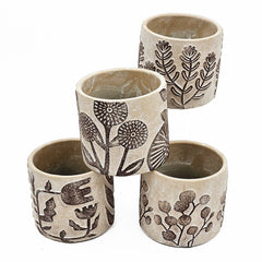 Set of 4 4.3x4.3x4" Gray Sand and Cement Planters with Brown Botanical Motifs