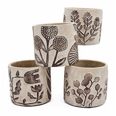 Set of 4 4.3x4.3x4" Gray Sand and Cement Planters with Brown Botanical Motifs