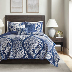 6 Piece Printed Cotton Quilt Set with Throw Pillows Indigo Full/Queen
