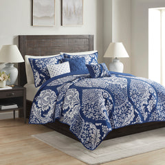 6 Piece Printed Cotton Quilt Set with Throw Pillows Indigo Full/Queen