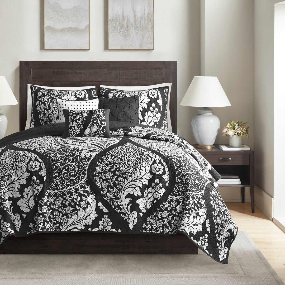 6 Piece Printed Cotton Quilt Set with Throw Pillows Black King/Cal King
