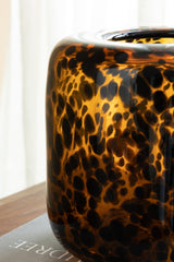 Brown and Amber Glass Vase with Cheetah Motif, Short, 7.9x7.9"