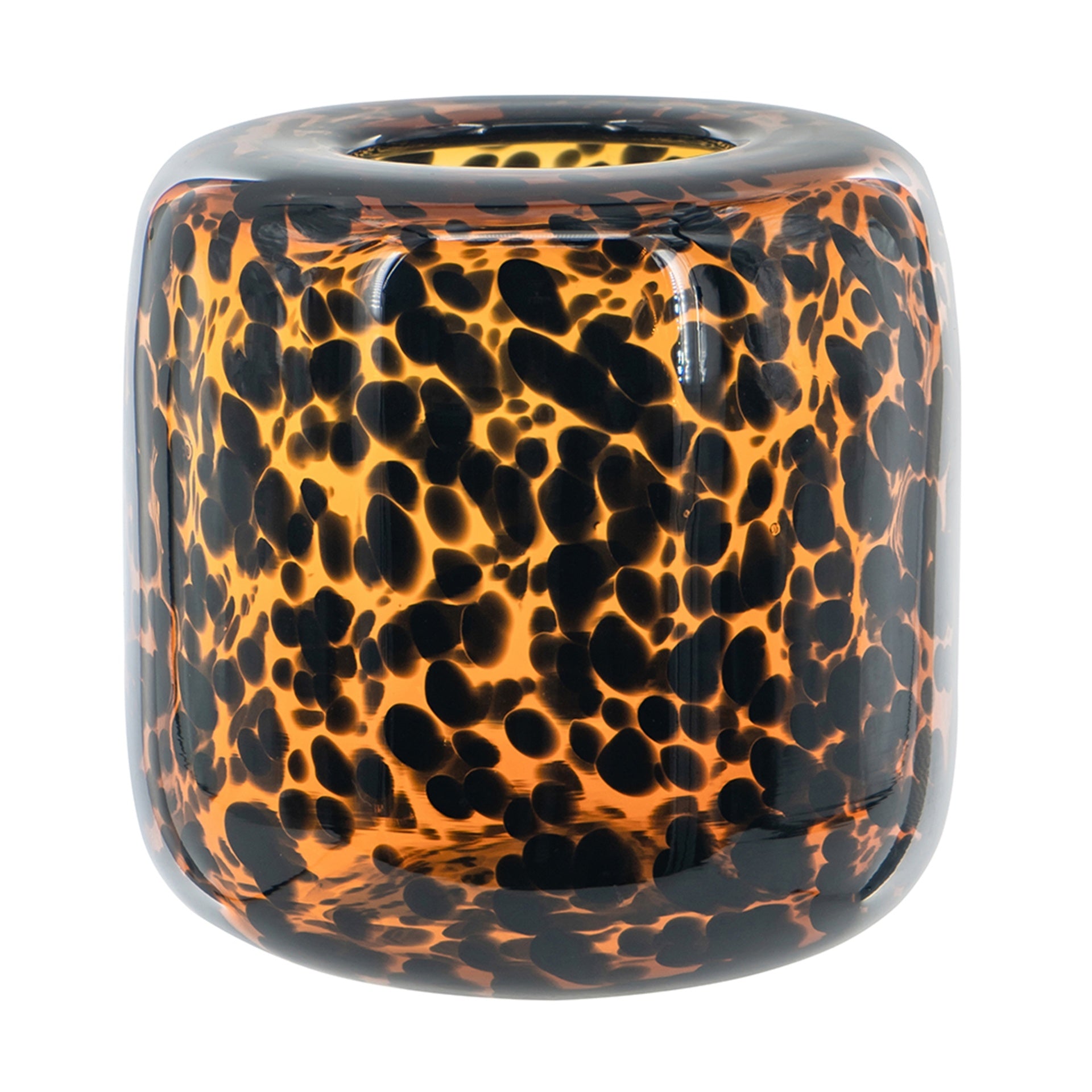 Brown and Amber Glass Vase with Cheetah Motif, Short, 7.9x7.9"