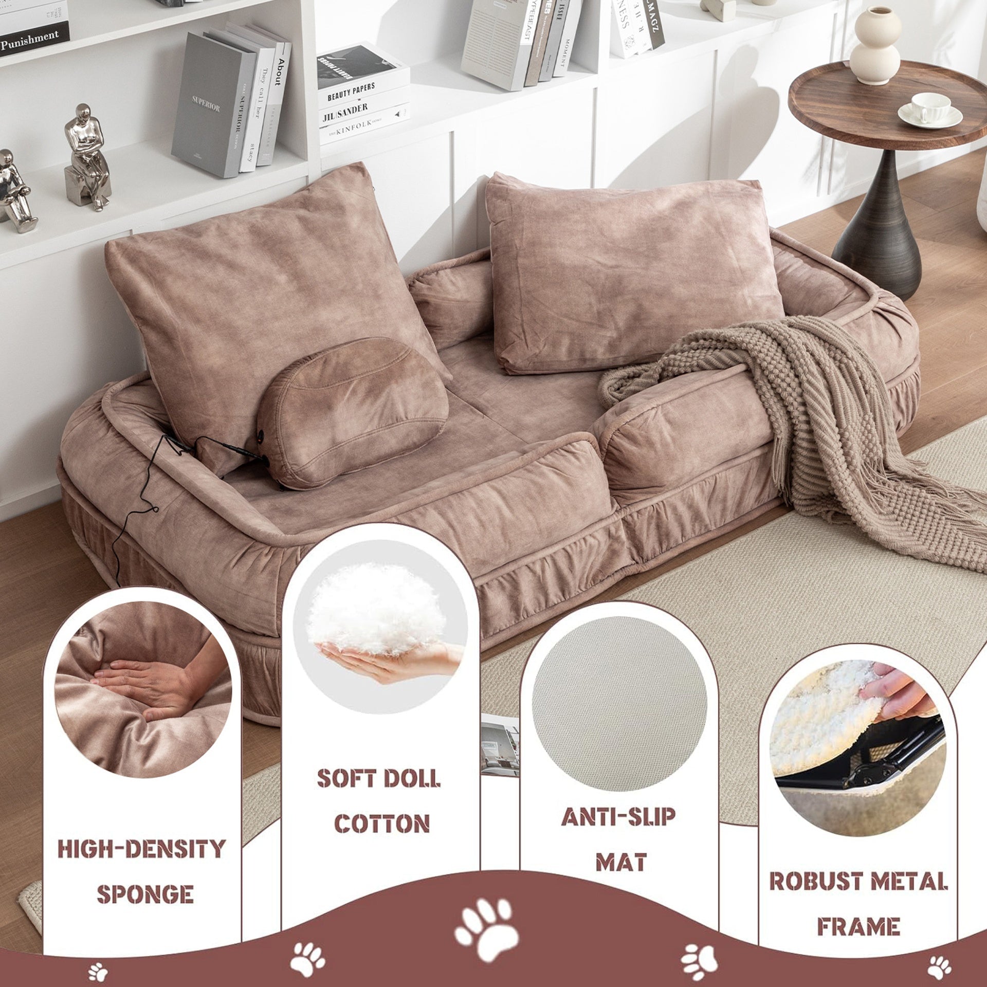 Upholstered Human Dog Bed for Adult & Pets,with 5 Adjustable Position &Massage Pillow, Bean Bag floor sofa with 2 Soft Pillows