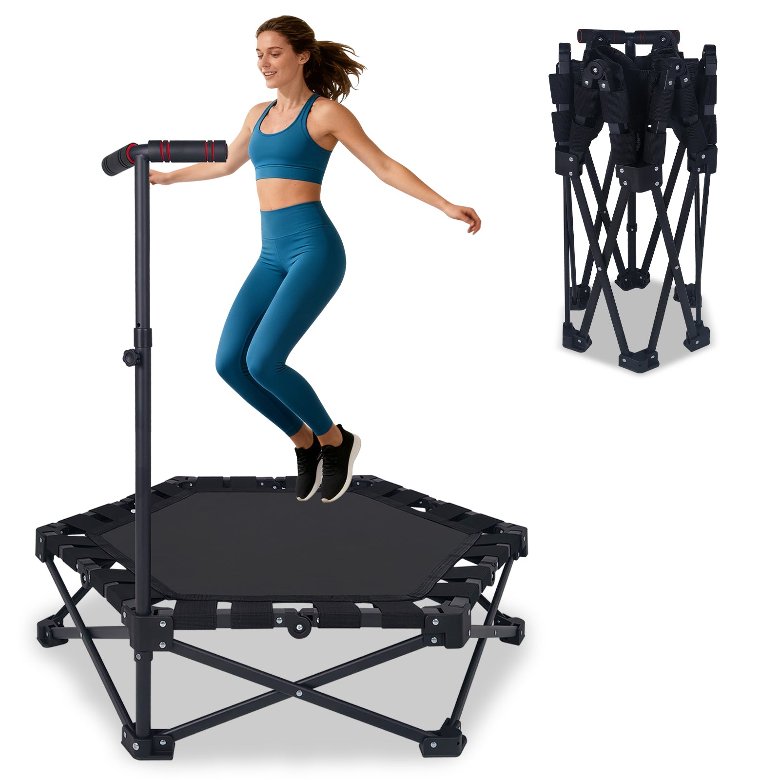 37" Foldable Mini Trampoline, One-Step Fold & Open, Rebounder Trampoline for Adults, 330lbs Max Load, 3-Level Adjustable T-Bar, Indoor & Outdoor Workout