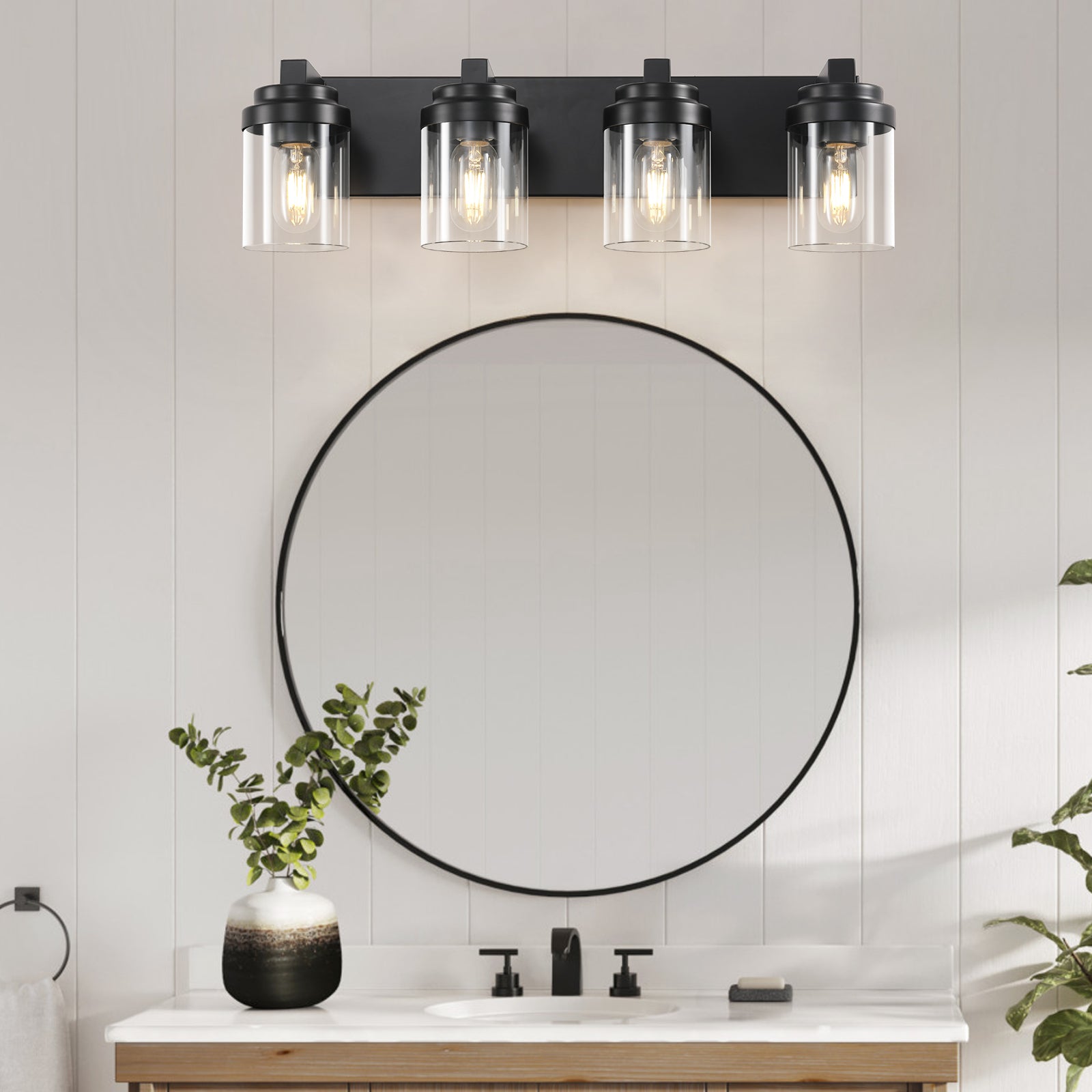 4 Light Bathroom Vanity Light, Matte Black Bathroom Light Fixtures with Clear Glass Shade, Vanity Light Fixtures Over Mirror for Bedroom Living Room(Bulb not included)