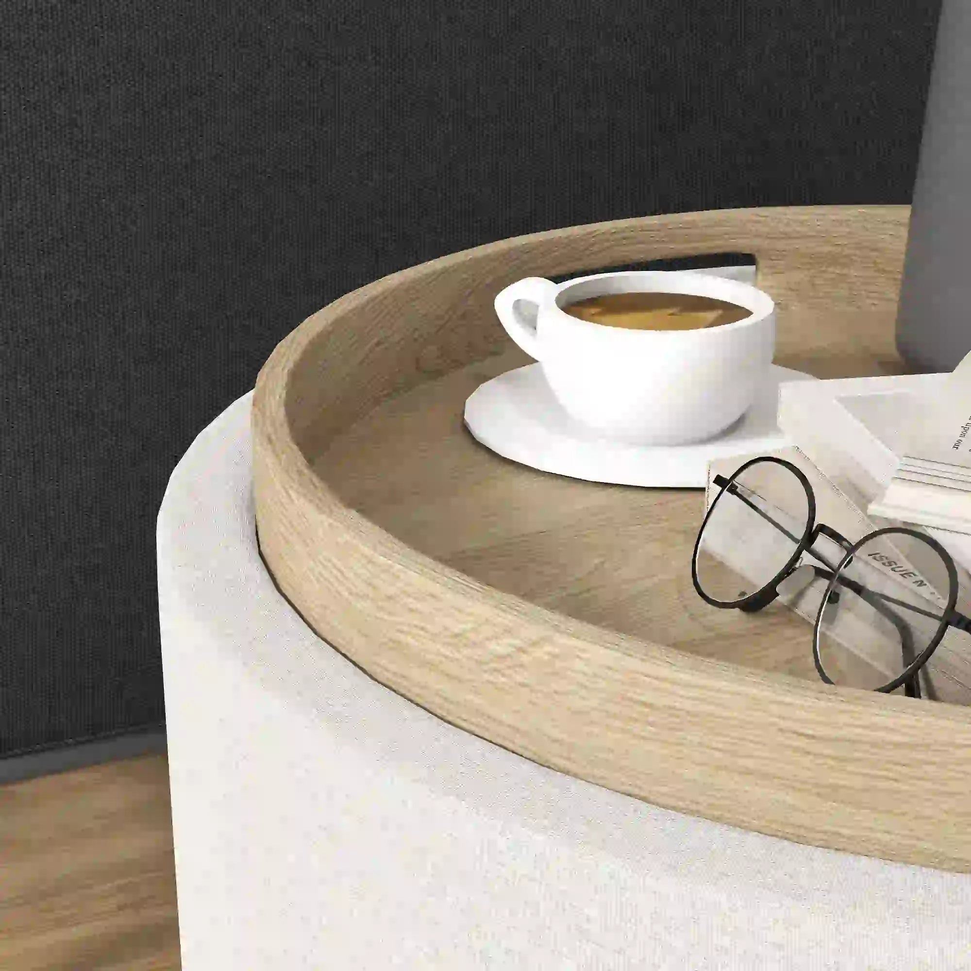 Round Storage Ottoman with Flip Top Tray Linen Fabric Upholstered Footstool