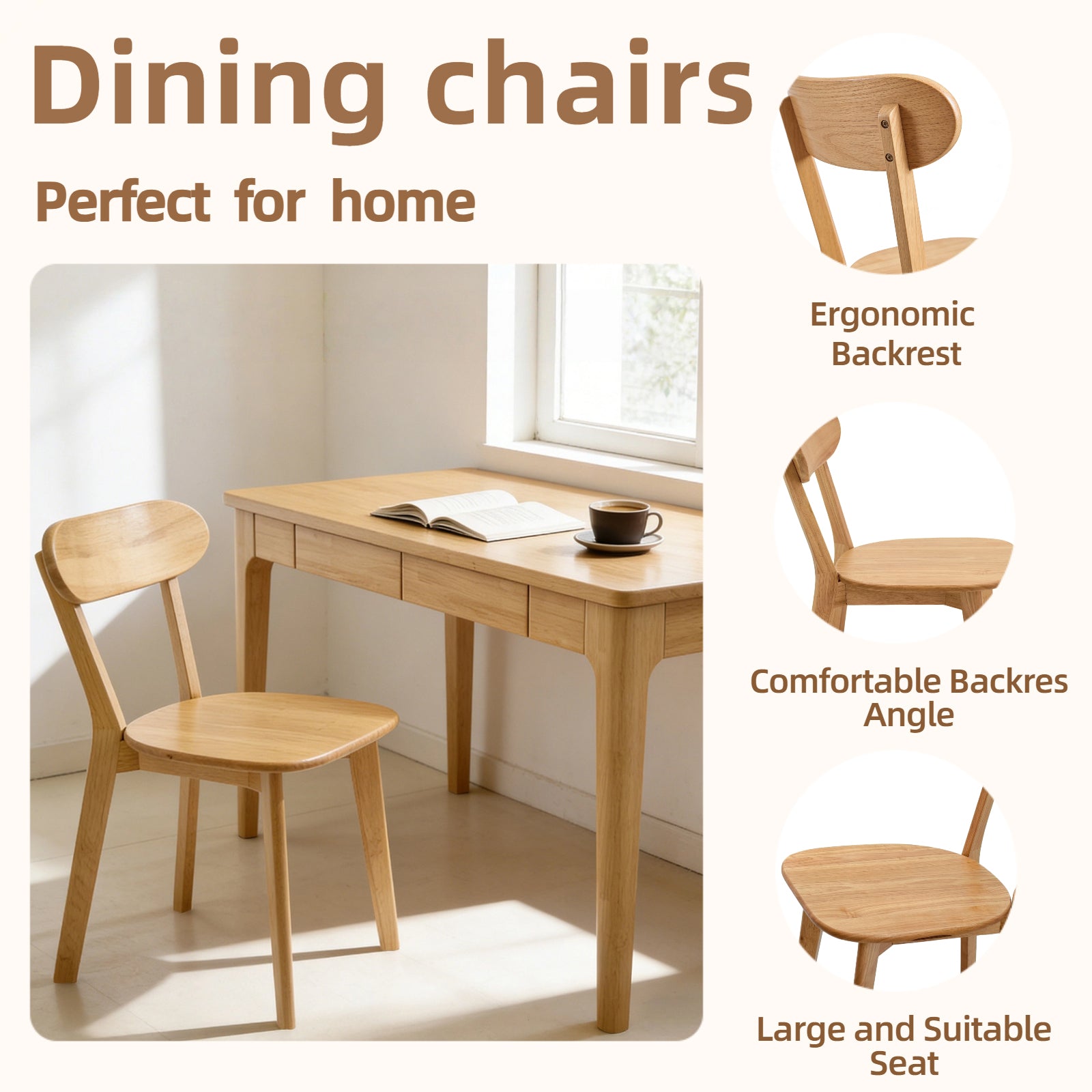 100% Solid Wood Dining Chairs Set of 2, Mid Century Modern Dining Chairs with Curved Backrest, Kitchen Chair with Adjustable Foot Pads for Dining Room, Kitchen, Living Room, Study, Natural Wood Color