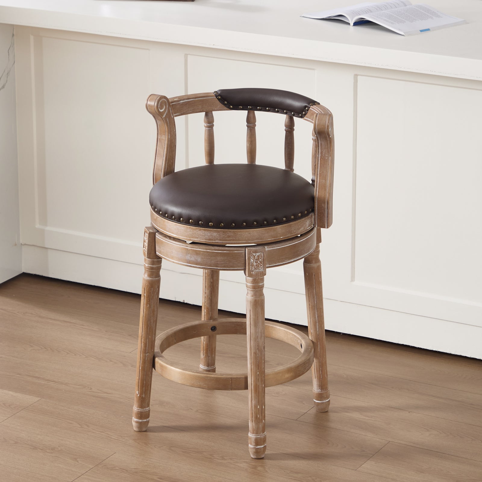 Cow top Leather Wooden Bar Stools, 360 Degree Swivel Bar Chair with Backs,Bar height Couner Height Barstools  for Home Kitchen Dining Room and Bar Room(Coffee 1pc)