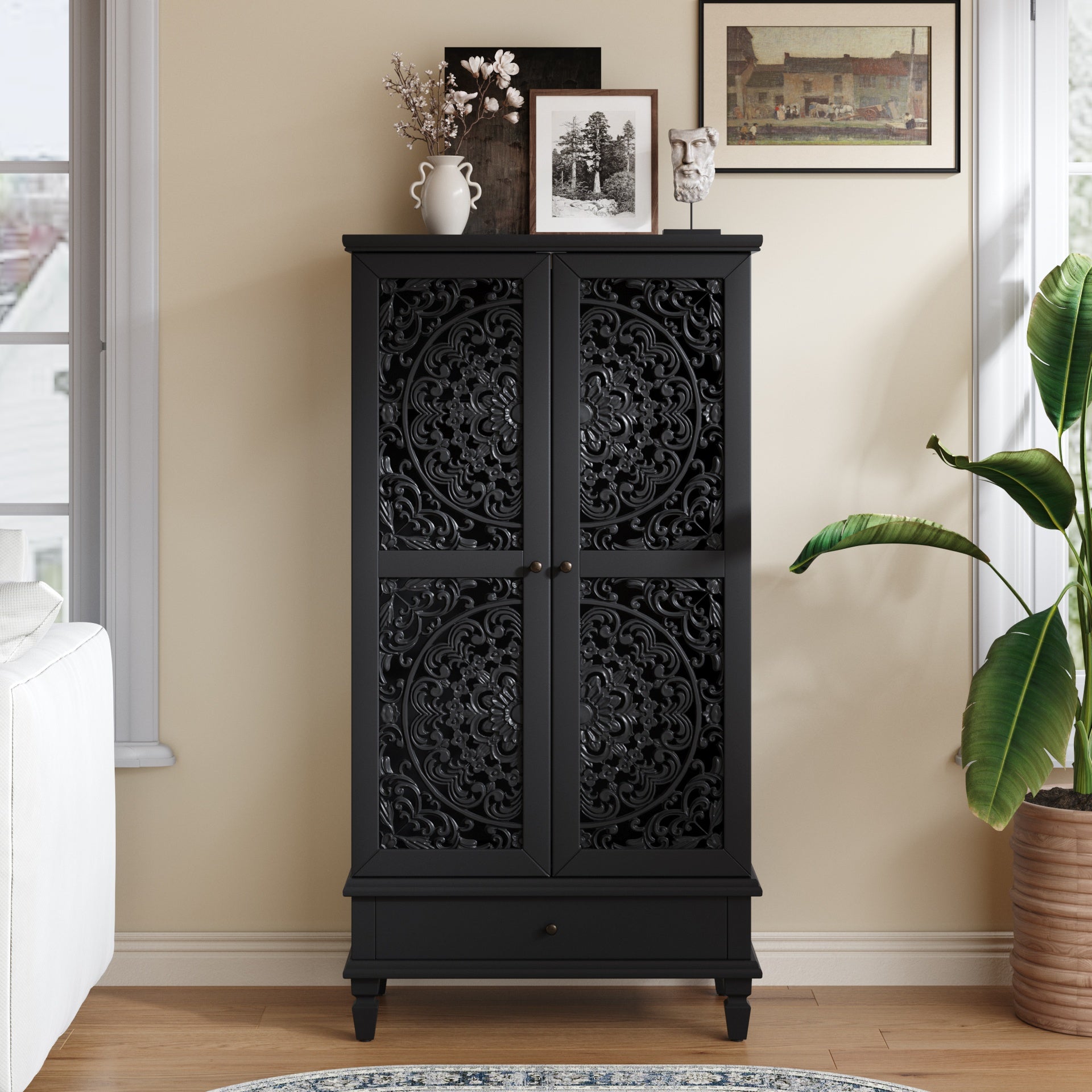 Rustic 55'' Tall Storage Cabinet with Drawer, Decorative 2-Door Carved Wood Accent Cabinet with Solid Wood Legs for Living Room, Hallway, Dining Room, Black