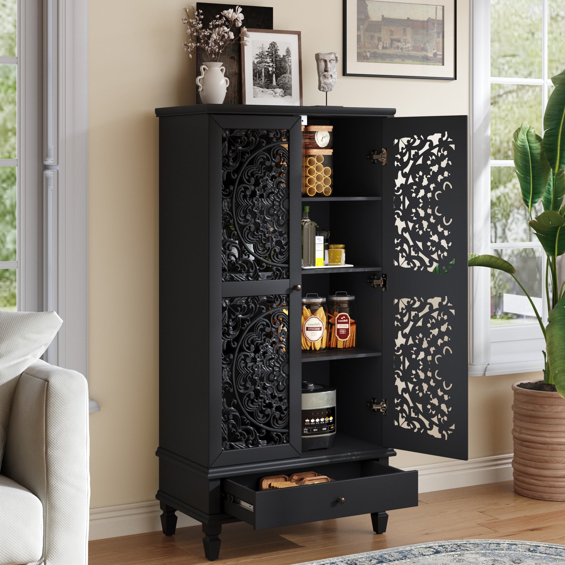 Rustic 55'' Tall Storage Cabinet with Drawer, Decorative 2-Door Carved Wood Accent Cabinet with Solid Wood Legs for Living Room, Hallway, Dining Room, Black