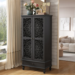 Rustic 55'' Tall Storage Cabinet with Drawer, Decorative 2-Door Carved Wood Accent Cabinet with Solid Wood Legs for Living Room, Hallway, Dining Room, Black