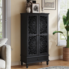 Rustic 55'' Tall Storage Cabinet with Drawer, Decorative 2-Door Carved Wood Accent Cabinet with Solid Wood Legs for Living Room, Hallway, Dining Room, Black