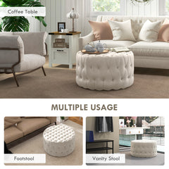 HOMCOM 31.5" Round Ottoman, Large Velvet-Feel Upholstered Foot Stool with Button Tufted Design and Padded Seat for Living Room, Entryway, Beige