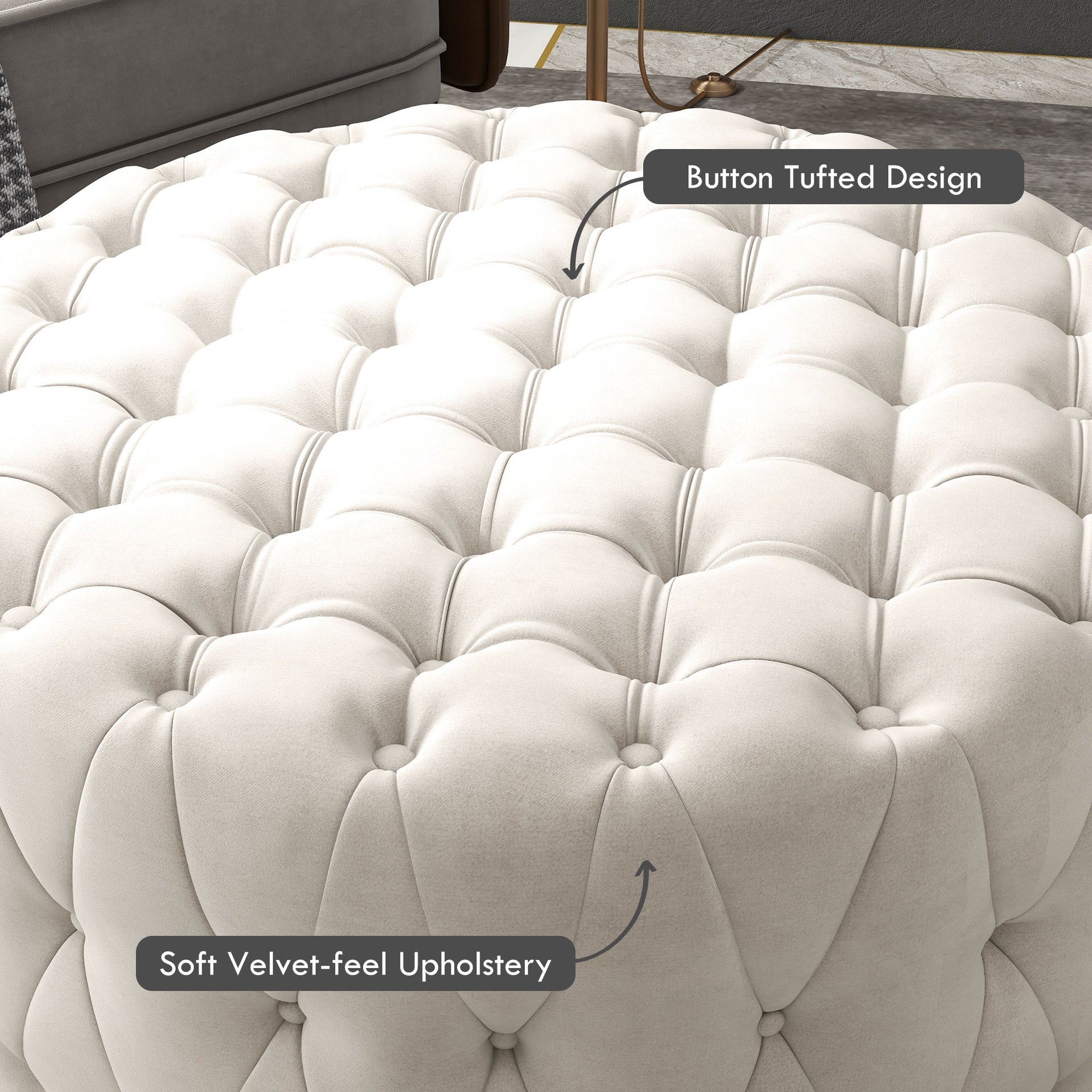 HOMCOM 31.5" Round Ottoman, Large Velvet-Feel Upholstered Foot Stool with Button Tufted Design and Padded Seat for Living Room, Entryway, Beige