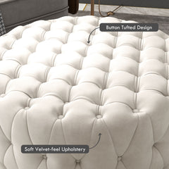 HOMCOM 31.5" Round Ottoman, Large Velvet-Feel Upholstered Foot Stool with Button Tufted Design and Padded Seat for Living Room, Entryway, Beige