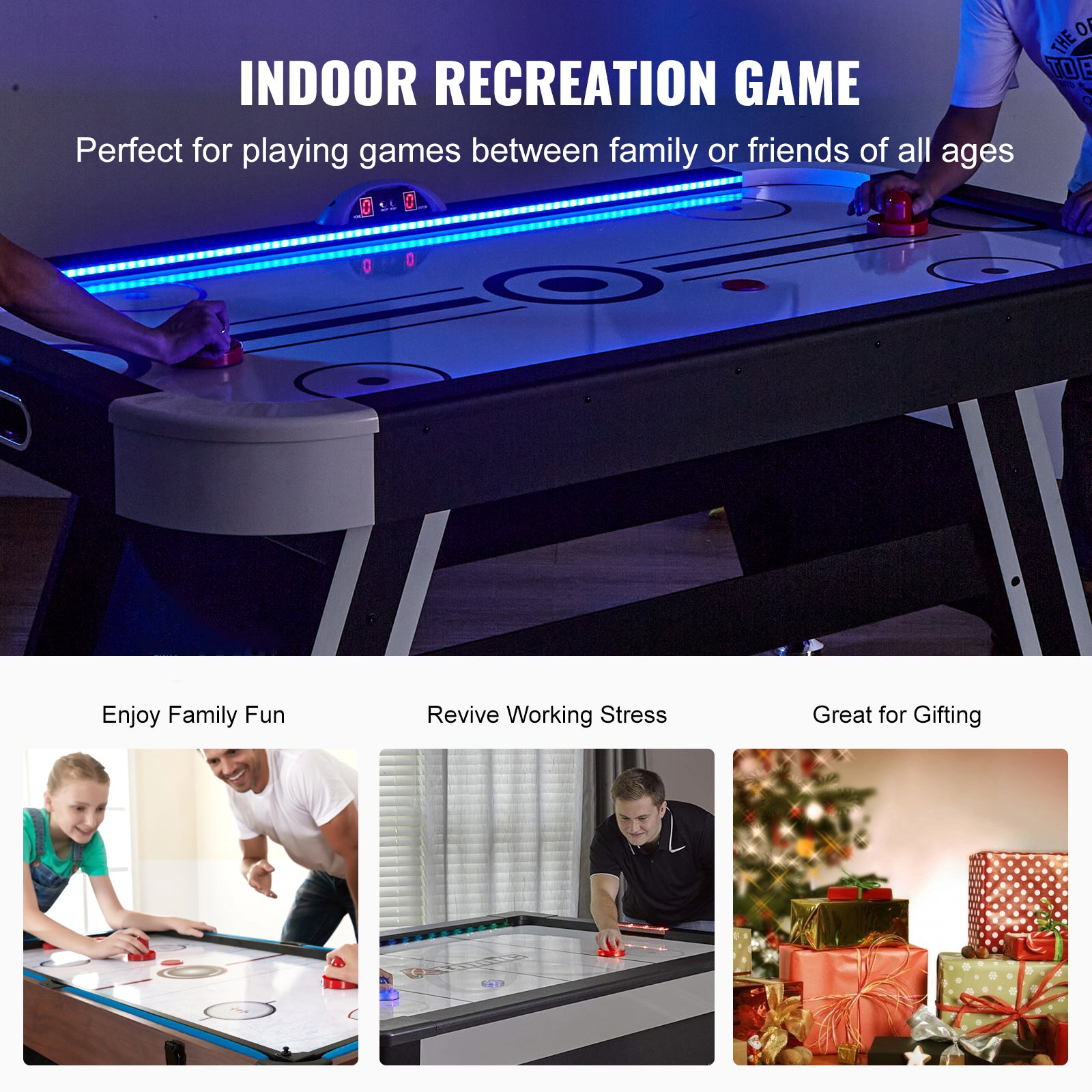 Air-Powered Hockey Table, 72" Indoor Hockey Table for Kids and Adults, LED Sports Hockey Game with 2 Pucks, 2 Pushers, and Electronic Score System, Arcade Gaming Set for Game Room Family Home
