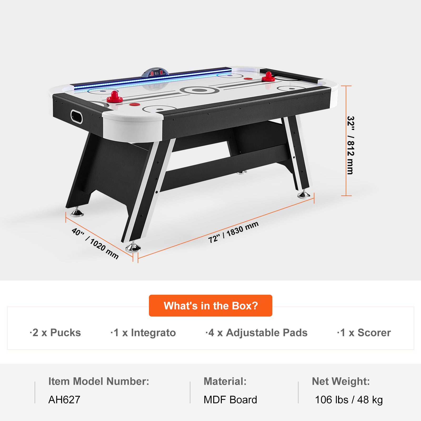 Air-Powered Hockey Table, 72" Indoor Hockey Table for Kids and Adults, LED Sports Hockey Game with 2 Pucks, 2 Pushers, and Electronic Score System, Arcade Gaming Set for Game Room Family Home