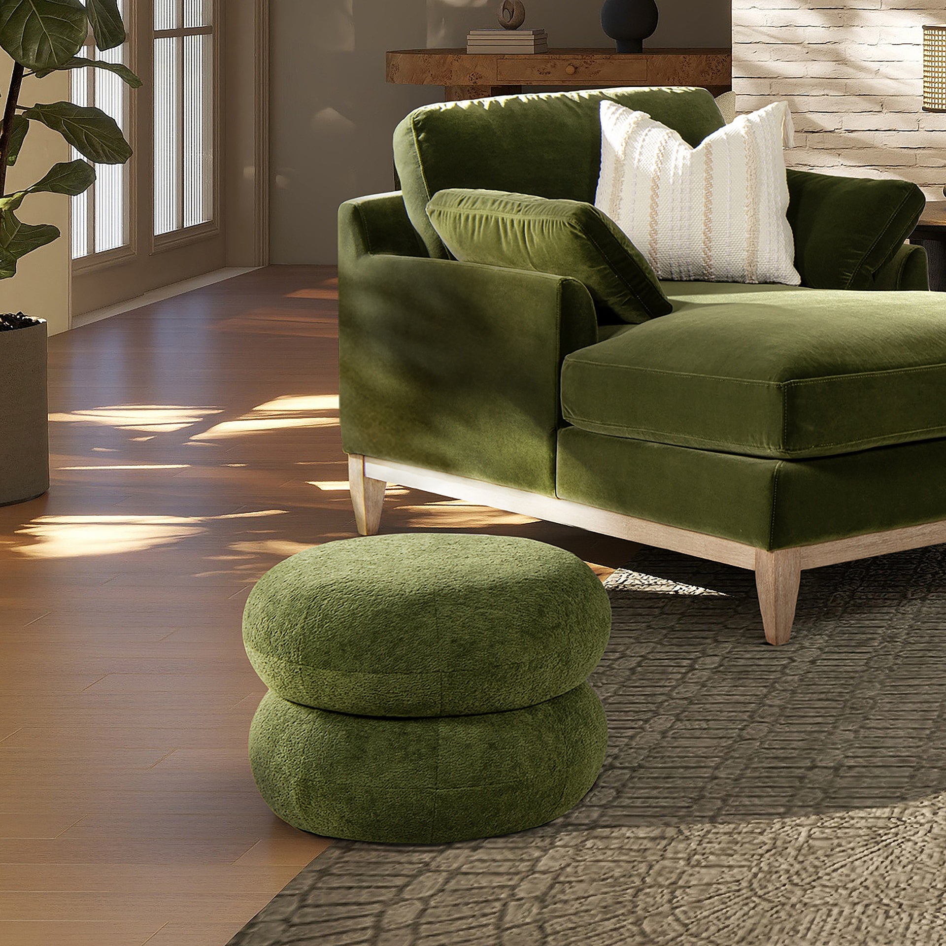 Nest 19.5" Low Round Upholstered Ottoman, Moss Green