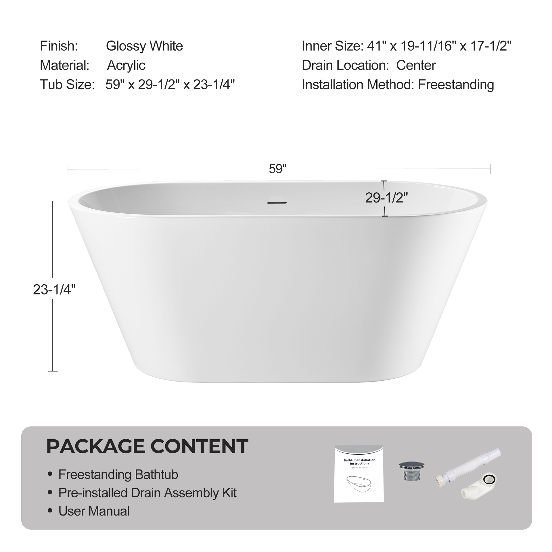 60'' Acrylic Freestanding Bathtub, Oval Soaking Stand Alone Bath Tub with Toe-Tap Chrome Drain and Classic Slotted Overflow, cUPC Certified, Glossy White 25A02-60