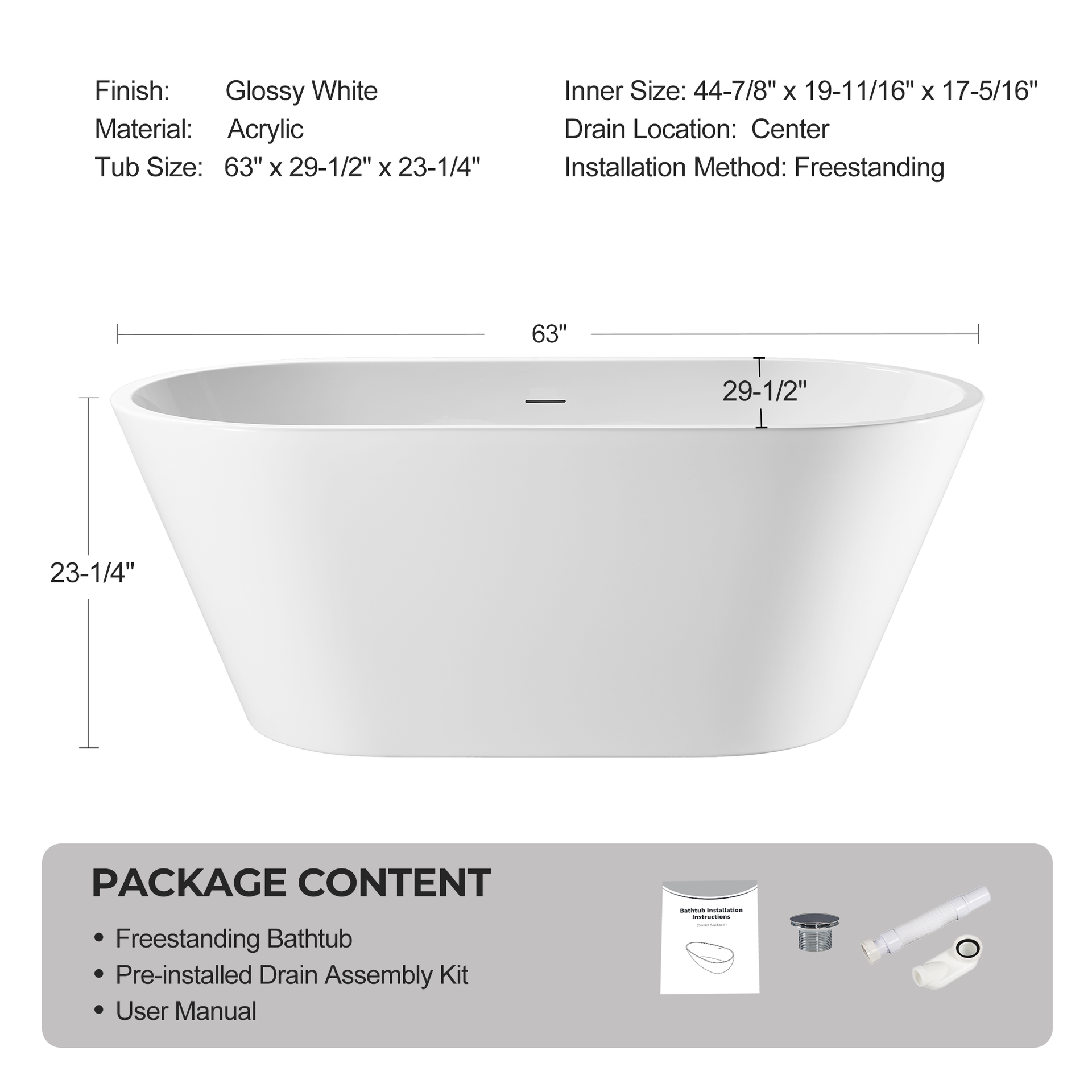 63'' Acrylic Freestanding Bathtub, Oval Soaking Stand Alone Bath Tub with Toe-Tap Chrome Drain and Classic Slotted Overflow, cUPC Certified, Glossy White 25A02-63