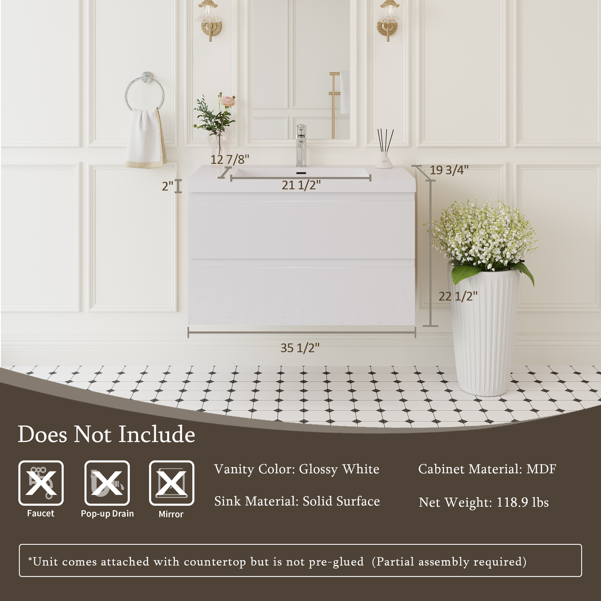 36" Floating Bathroom Vanity with Sink, Modern Wall-Mounted Bathroom Storage Vanity Cabinet with Solid Surface Top Basin and Soft Close Drawers, Fully Assembled, Glossy White CM-24V11-36GW