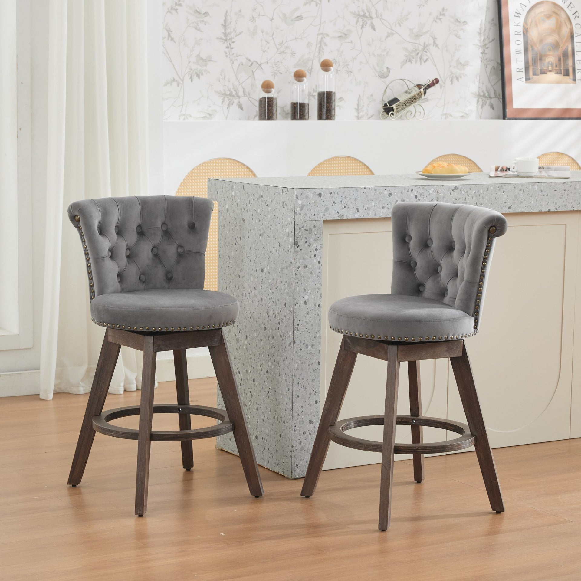 26" Counter Height Bar Stools Set of 2, 360° Swivel Stools with Back & Hand - Tufted Button - Trimmed Edges, Upholstered Velvet Kitchen Counter Stools on Wood Legs,Gray,SW1868GY