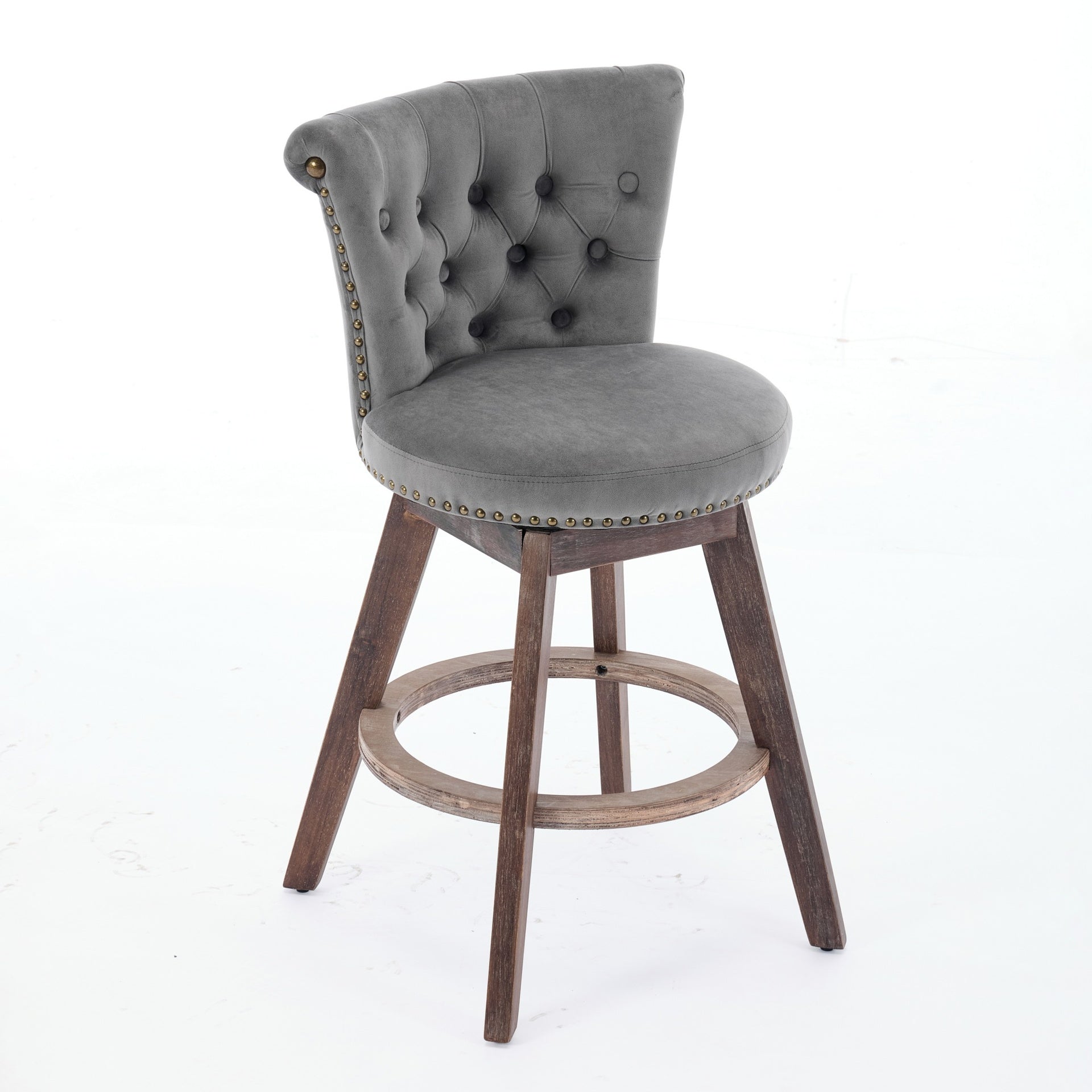 26" Counter Height Bar Stools Set of 2, 360° Swivel Stools with Back & Hand - Tufted Button - Trimmed Edges, Upholstered Velvet Kitchen Counter Stools on Wood Legs,Gray,SW1868GY