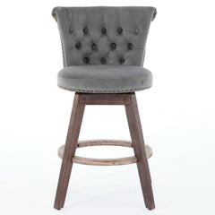 26" Counter Height Bar Stools Set of 2, 360° Swivel Stools with Back & Hand - Tufted Button - Trimmed Edges, Upholstered Velvet Kitchen Counter Stools on Wood Legs,Gray,SW1868GY