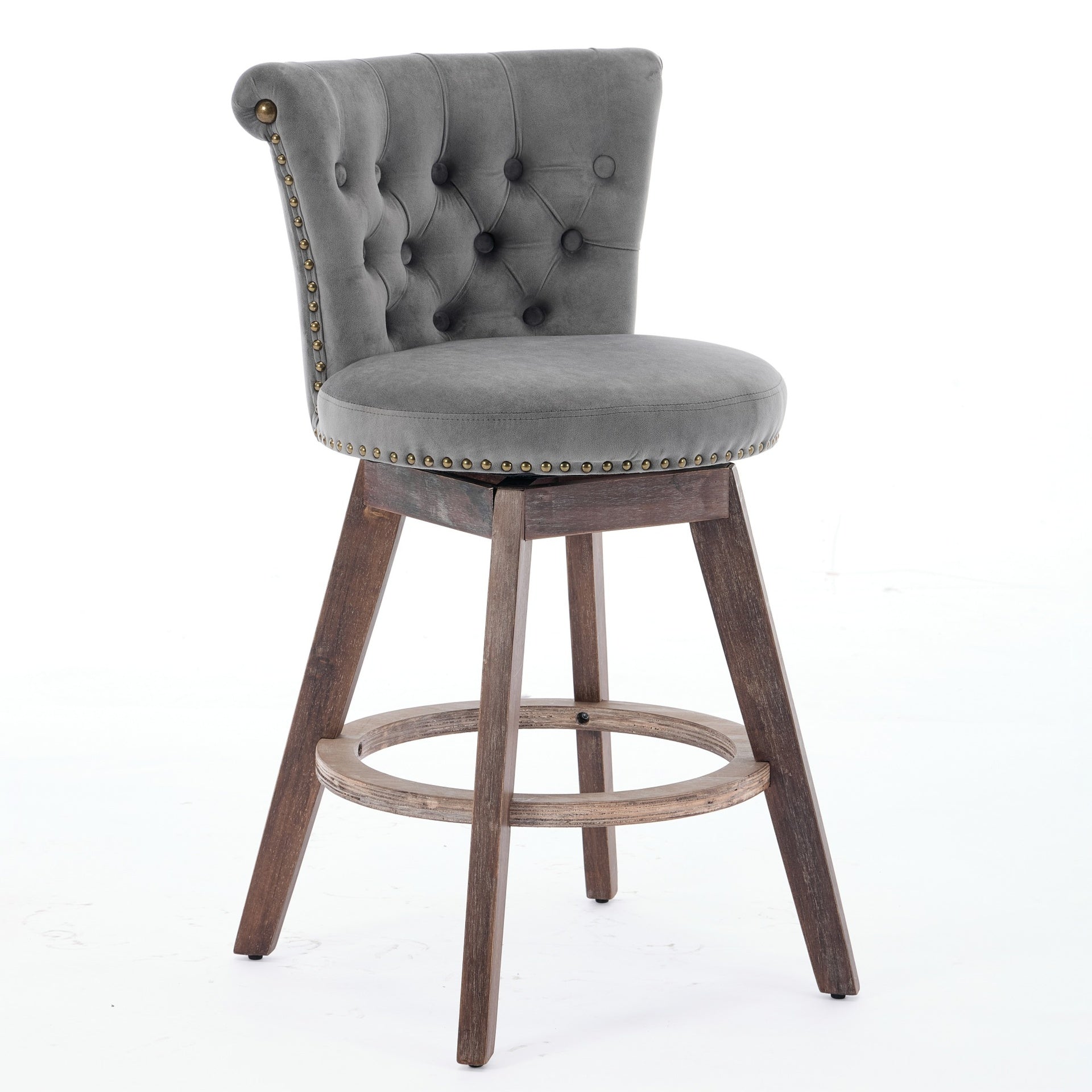 26" Counter Height Bar Stools Set of 2, 360° Swivel Stools with Back & Hand - Tufted Button - Trimmed Edges, Upholstered Velvet Kitchen Counter Stools on Wood Legs,Gray,SW1868GY