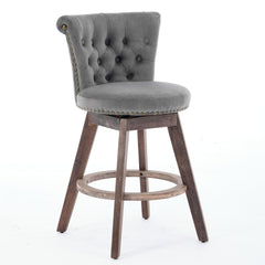 26" Counter Height Bar Stools Set of 2, 360° Swivel Stools with Back & Hand - Tufted Button - Trimmed Edges, Upholstered Velvet Kitchen Counter Stools on Wood Legs,Gray,SW1868GY
