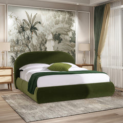 Archie Puffy Grounded Upholstered Platform Bed, Olive Green Performance Velvet