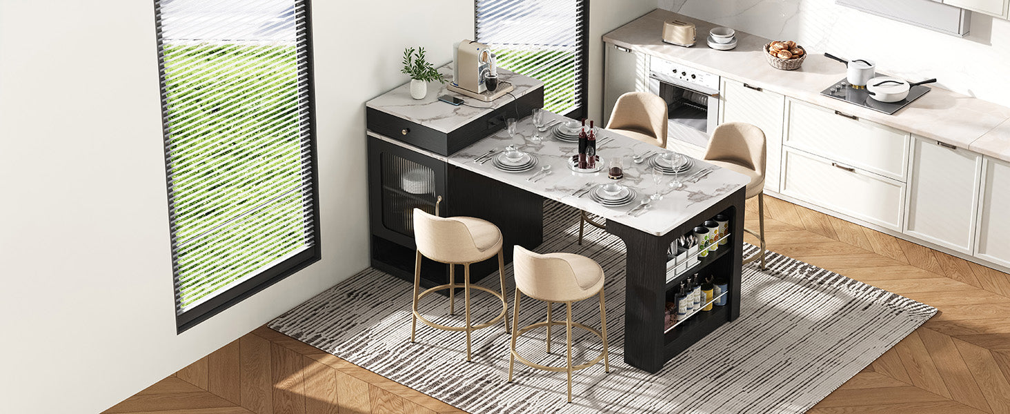 K&K 59.5" Kitchen Island with Extendable Dining Table, Kitchen Storage Table with Double-sided Storage, Kitchen Island with 2 Drawers, Power Outlet, Side Open Shelves, for Kitchen, Dining Room, Black