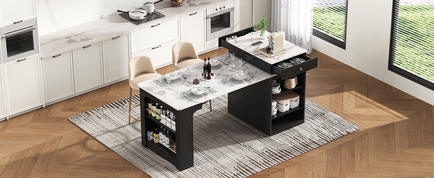 K&K 59.5" Kitchen Island with Extendable Dining Table, Kitchen Storage Table with Double-sided Storage, Kitchen Island with 2 Drawers, Power Outlet, Side Open Shelves, for Kitchen, Dining Room, Black