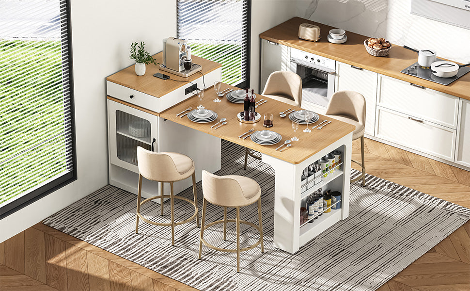 K&K 59.5" Kitchen Island with Extendable Dining Table, Kitchen Storage Table with Double-sided Storage, Kitchen Island with 2 Drawers, Power Outlet, Side Open Shelves, for Kitchen, Dining Room, White