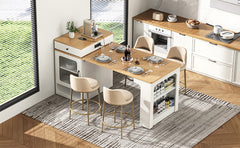 K&K 59.5" Kitchen Island with Extendable Dining Table, Kitchen Storage Table with Double-sided Storage, Kitchen Island with 2 Drawers, Power Outlet, Side Open Shelves, for Kitchen, Dining Room, White