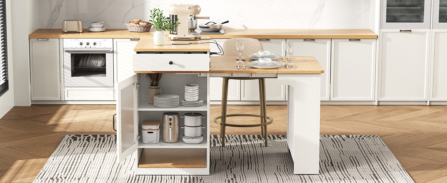 K&K 59.5" Kitchen Island with Extendable Dining Table, Kitchen Storage Table with Double-sided Storage, Kitchen Island with 2 Drawers, Power Outlet, Side Open Shelves, for Kitchen, Dining Room, White