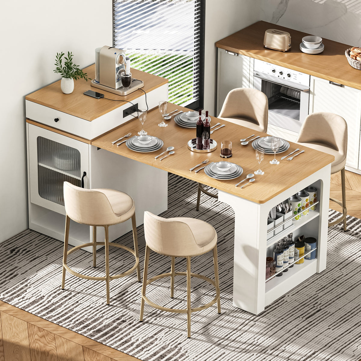 K&K 59.5" Kitchen Island with Extendable Dining Table, Kitchen Storage Table with Double-sided Storage, Kitchen Island with 2 Drawers, Power Outlet, Side Open Shelves, for Kitchen, Dining Room, White