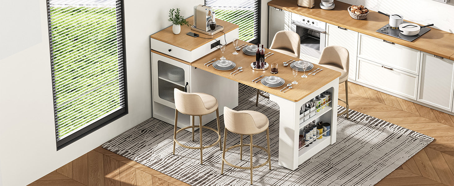 K&K 59.5" Kitchen Island with Extendable Dining Table, Kitchen Storage Table with Double-sided Storage, Kitchen Island with 2 Drawers, Power Outlet, Side Open Shelves, for Kitchen, Dining Room, White