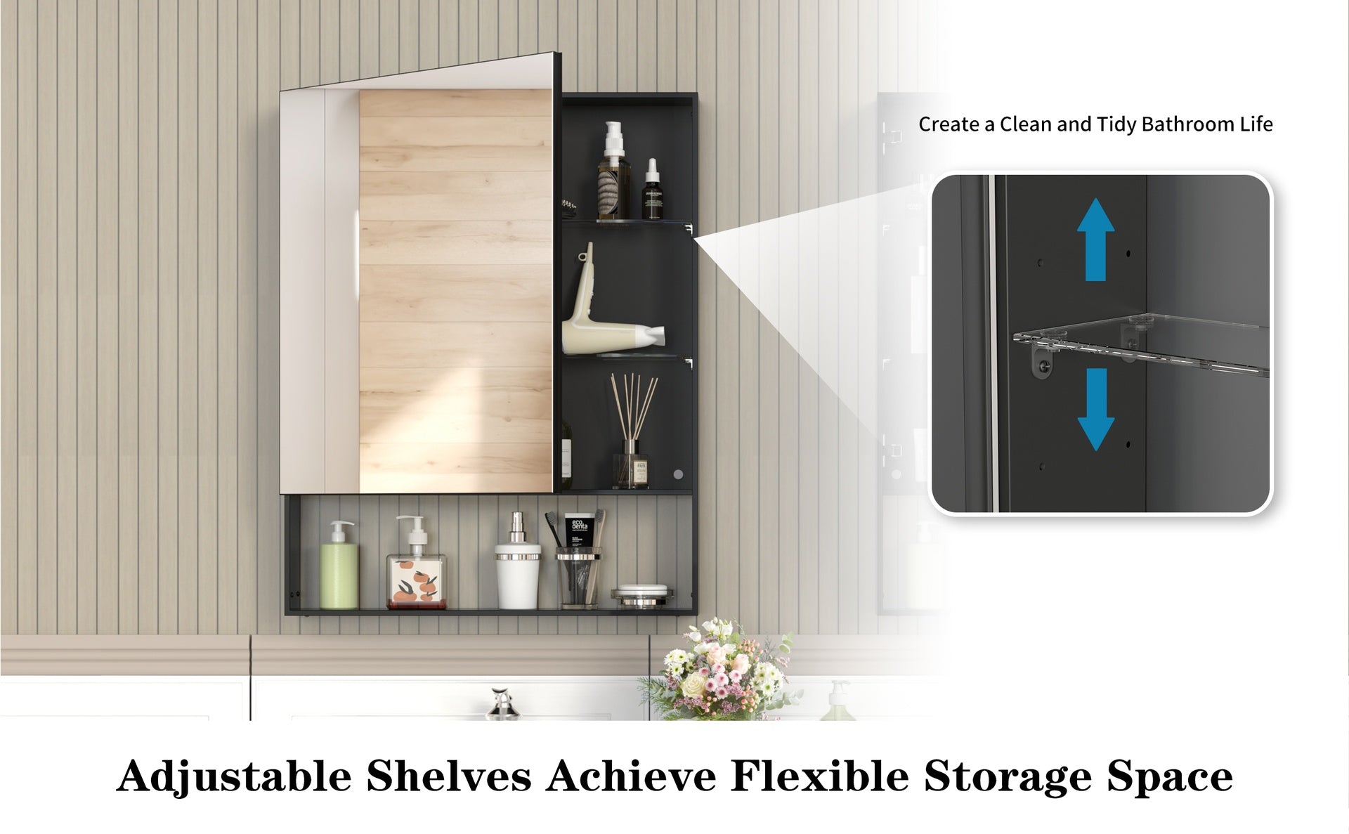 24'' x 30'' Medicine Cabinet with Mirror for Bathroom, Wall Mounted Bathroom Mirror with Storage, Adjustable Shelves, Aluminum Framework, Surface Mount  Black