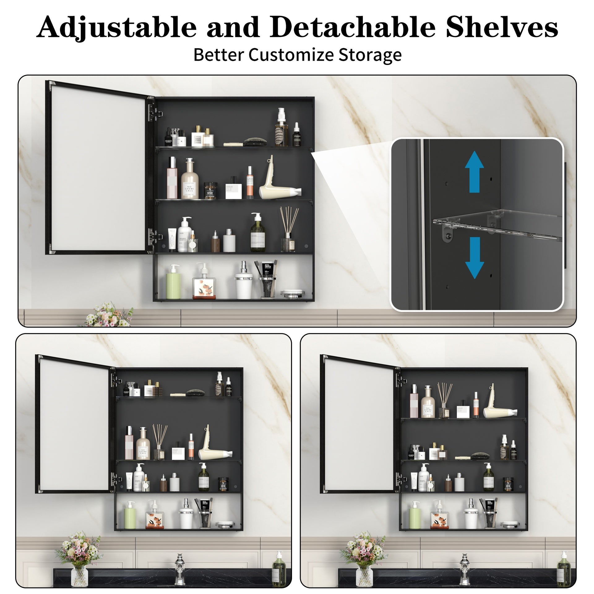 24'' x 30'' Medicine Cabinet with Mirror for Bathroom, Wall Mounted Bathroom Mirror with Storage, Adjustable Shelves, Aluminum Framework, Surface Mount  Black