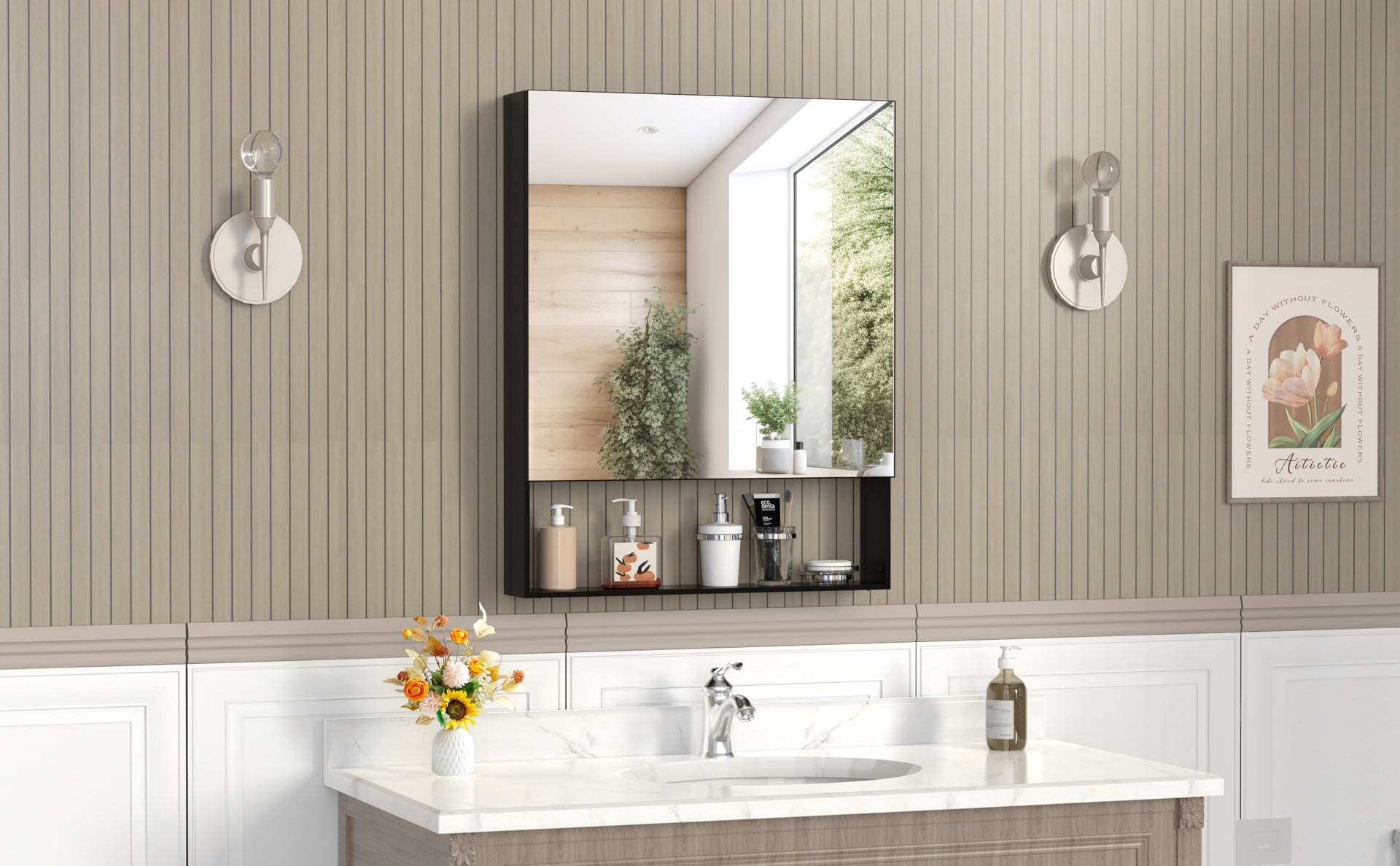 24'' x 30'' Medicine Cabinet with Mirror for Bathroom, Wall Mounted Bathroom Mirror with Storage, Adjustable Shelves, Aluminum Framework, Surface Mount  Black
